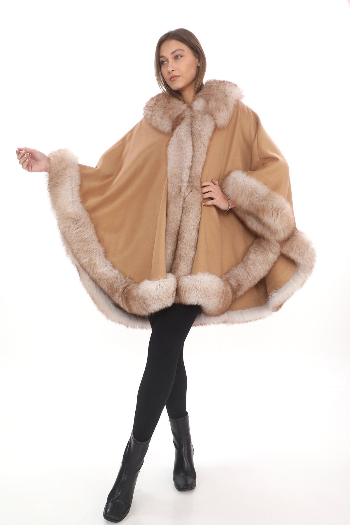 Camel Cashmere Cape: Fox Fur Trim Poncho - Etsy