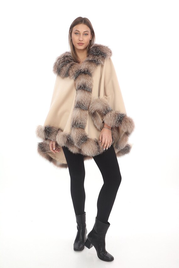 ベージュ ファー ポンチョケープ ポンチョコート☆ベージュ☆ファー