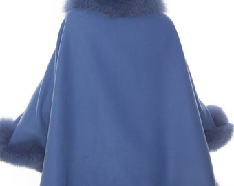 Blue Cashmere Cape With Fox Fur Trim, Cozy Cape With Real Fur