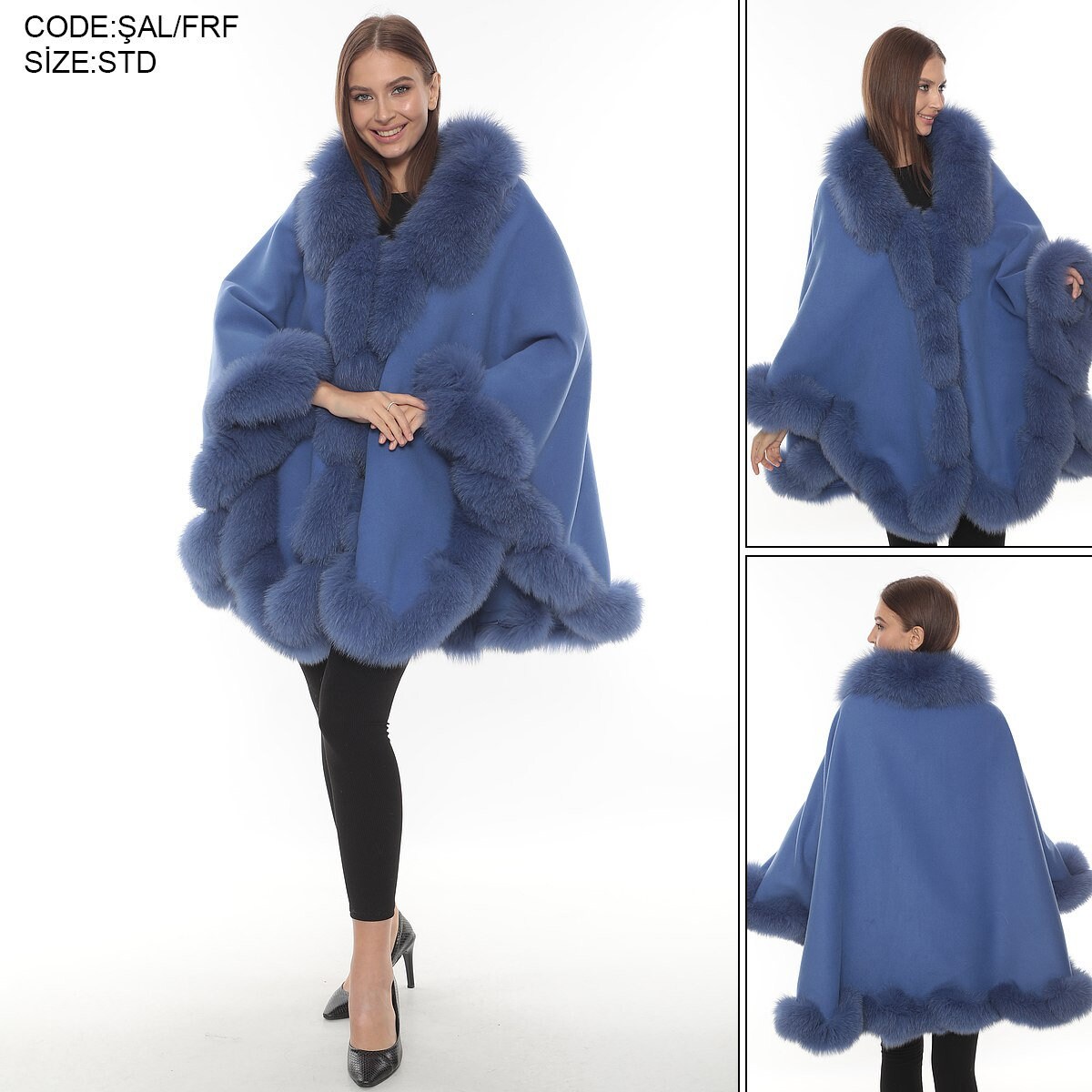Blue Cashmere Cape With Fox Fur Trim, Cozy Cape With Real Fur
