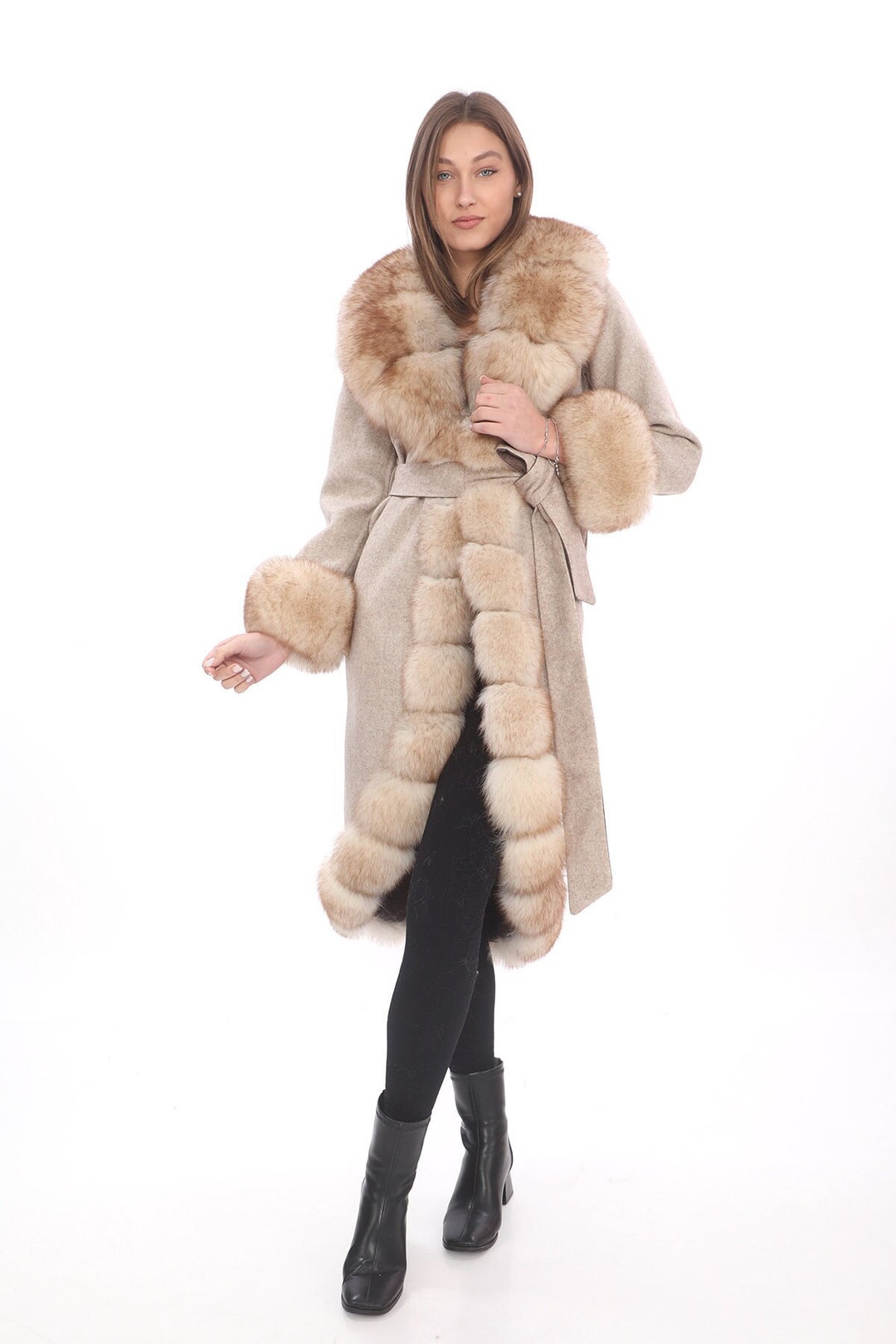 Handmade Alpaca Wool Coat Beige Fox Fur Trim Winter Jacket Etsy — free download