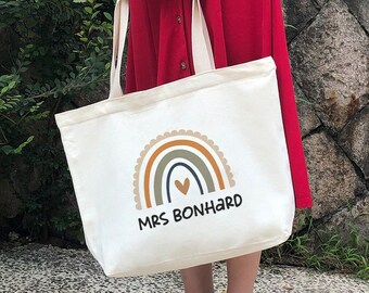 personalized gift- teacher gift -Rainbow tote bag with pockets and zippers- gift for her-TEA829