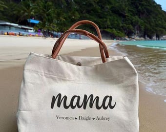 Mama Tote Bag Personalized with Names, Custom Gift for Mom, Beach bag Mother’s Day Canvas Bag-DZ20