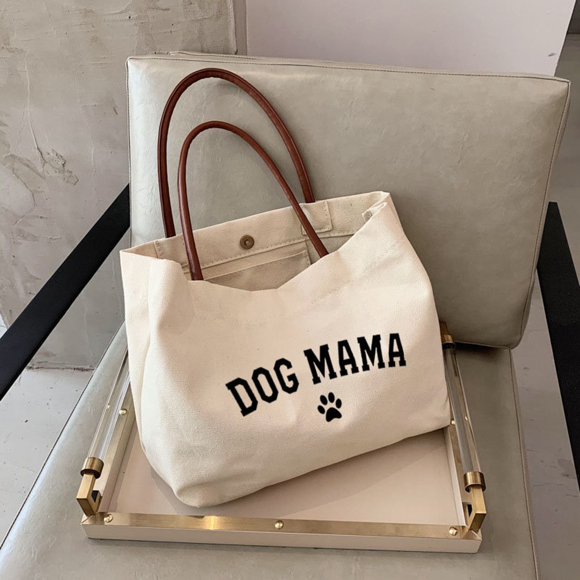 White canvas Dog Mama tote bag.