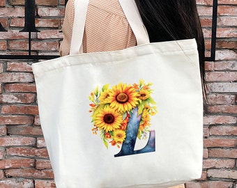 personalized gift-Letters and Flowers canvas tote bag-birthday gift-gift for her-personalized gift-gifts for mom-teacher gifts-LWA17