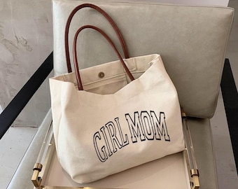 Personalized Girl Mom Tote Bag Canvas, Gift for Mom Birthday Christmas Mothers Day, Custom Name Minimalist Mom Bag- BG3813