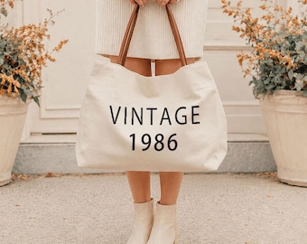 Personalized Vintage 1986 Tote Bag 40th birthday gifts Custom Birth Year Canvas Bag, Gift for her Personalized Gift for Wife Mom Sister KK89