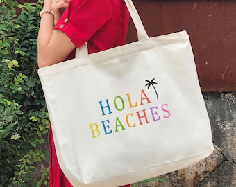 hola beaches tote bag-Personalized Colorful tote bag -Beach bag-with Zippers and pockets-BC6