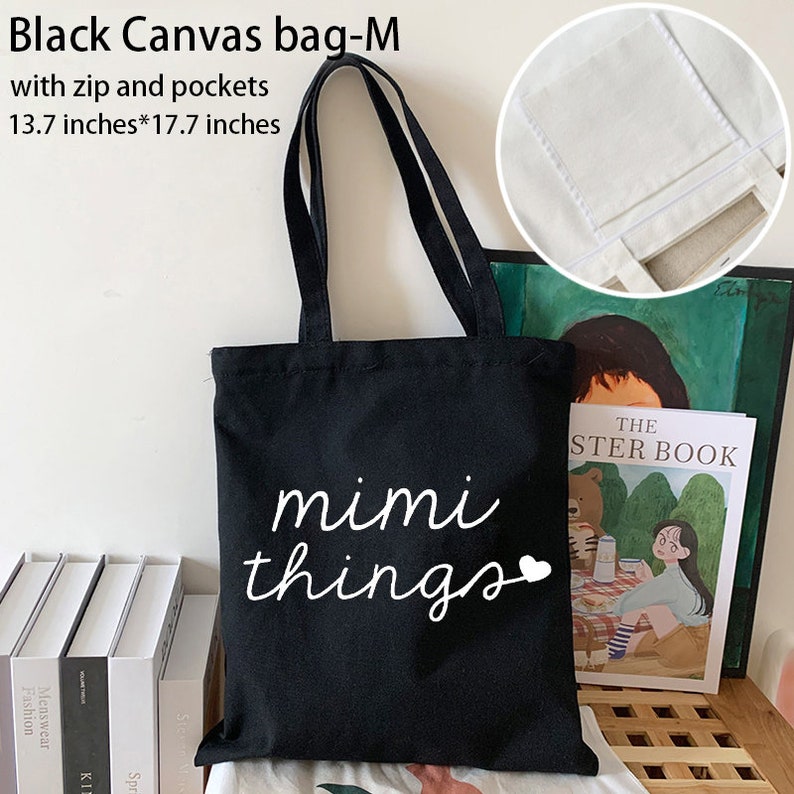 Mimi things Tote bag grandma gift personalized grandma gift mothers day gift for grandma-new grandma gift-gifts for grandma KUR1 black canvas bag-M