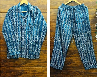 Indigo Baumwolle Pyjama Set, 100% Reine Baumwolle Damenkleid, Nachtwäsche, Brautjungfer Pyjama Set, Lounge Set, Pj Set, Geburtstagsgeschenk für sie