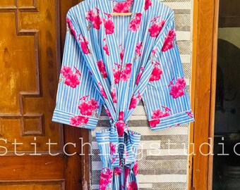 Striped cotton Kimono robe - Bridesmaid robe - Pink Floral kimono robe - Pyjama cover - Beach cover - Gift For Her