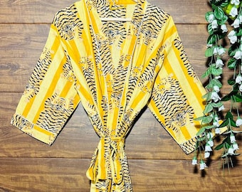 Cotton Kimono Robe, Wild Life Animal Print, Block Print Kimono Dress