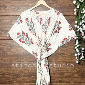 Indian Hand Block Print Floral Kaftan Dress, Women Long Caftan Dress, Beach Cover Up, Flower Block Print Sleepwear Maxi Dress, Loungewear
