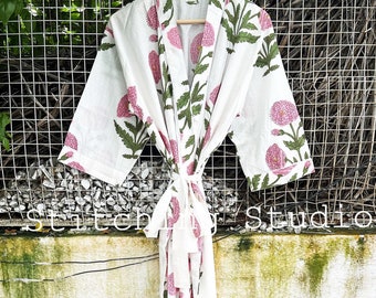 Cotton Kimono Robe Dressing Gown, Block Print Bridesmaid Robe, Summer Nightwear, One Size, Mughal Floral Print Kimono, Long Dressing Gown
