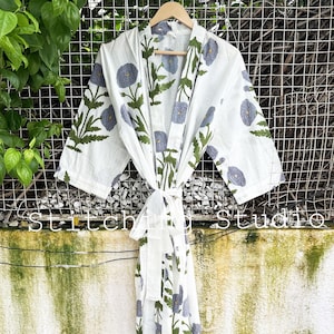 Grey Floral Cotton Kimono Robe Dressing Gown, wedding robe Block Print Bridesmaid Robe, Summer Nightwear bathrobe beachwear women&#39;s Gifts