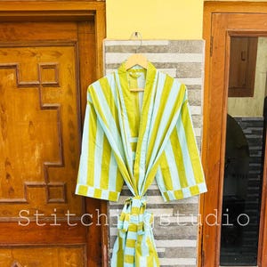 Hand Block Printed Cotton Kimono, Lightweight Cotton Bathrobe, Short Dressing Gown, Travel Robe, Block Print Striped Kimono, Summer Robe