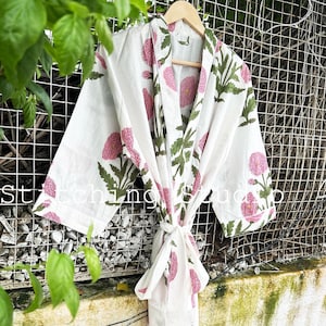 Pink Floral Cotton Kimono Robe, Block Print Bridesmaid Dressing Gown