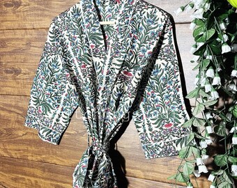 花柄プリントの高級純綿着物ローブ、綿100%着物ローブ、レディースナイトガウン、着物ドレッシングガウン、持続可能な女性用バスローブ
