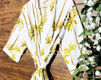 New Palm Print Kimono Robe, Indian Soft Cotton Kimono, Women Bath Robe, Getting Ready Robe, Kimono Women, Beach Cover Up