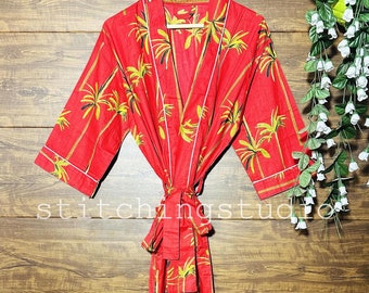Red Floral Cotton Kimono Robe Dressing Gown, Block Print Bridesmaid Robe, Summer Nightwear, One Size