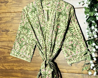 Green Cotton Kimono Robe Dressing Gown, robe Block Print Bridesmaid Robe, Summer Nightwear bathrobe beachwear women gifts floral Print