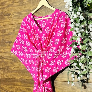 Indian Handmade Floral Cotton Kaftan, Women Dress Long Caftan, Dress Beach Cover up, Flower Hand Block Print Sleepwear Maxi Dress