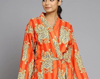 Tiger Print Cotton Kimono Robe, Beach Cover Up