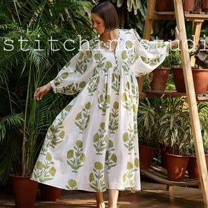Block Print Dress, Women white and Green Floral Print cotton Sundress, Block print dress, Maxi dress, Dress for women, Mini & Midi Dress