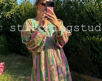 Vestido largo 100 % algodón indio puro, estampado de bloques, cómodo y de verano para mujer, vestido largo suave y midi con cierre de cordón.