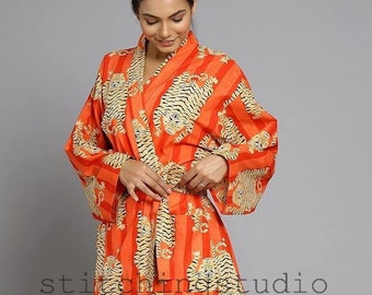 New Hand Block Print Cotton Tiger Print Kimono Robe: Bathrobe Maxi Gown, Beach Cover Up