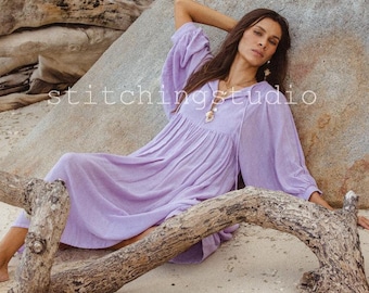 New Kyra Midi Dress, Mini Dress, Purple Long Block Print Dress, Deep Neck with string closer