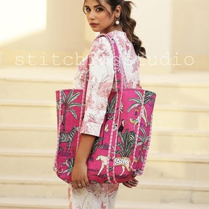 Cabas en coton rose imprimé jungle, sac indien fait main, sac de courses, sac de marché, sac matelassé, sac à main pour femme, sac de pique-nique