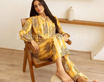 Handmade Cotton Pajama Set: Tiger Print Lightweight PJ