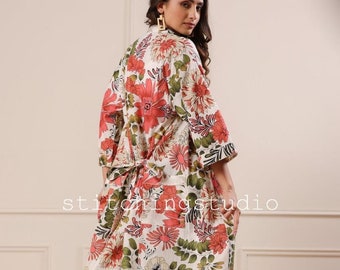Indian 100% Pure Floral Cotton Kimono Robe Dressing Gown, Block Print Bridesmaid Robe, Summer Nightwear, Getting Ready Robe, Gift For Her