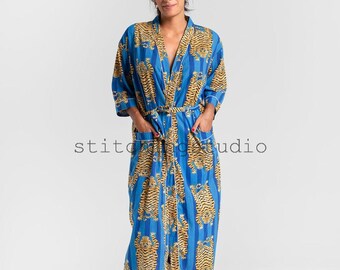Animal Print Cotton Kimono Robe: Indian Block Print Beach Cover-Up