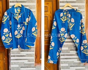 Katoenen pyjamaset met bloemenprint: Indiase handgemaakte nachtkleding, loungewear-pyjamaset