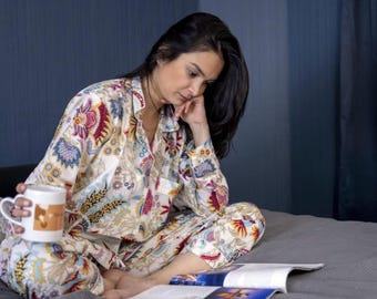New Floral Hand Block Print Cotton Pajama Set: Jaipur Sleepwear Loungewear