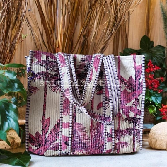 Pink Cotton handmade block print bag, patchwork quilted bag, tote Large travel bag, Quilted Tote Bag, Quilted Cotton Tote bag, Shopping Bag