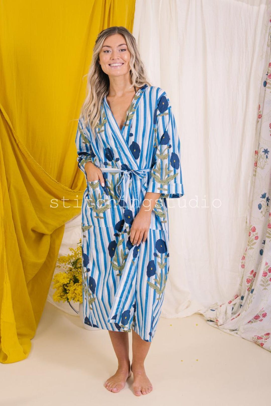Preppy Blue Robe Blue Floral Cotton Kimono Robe, Block Print Bridesmaid Dressing Gown - Etsy