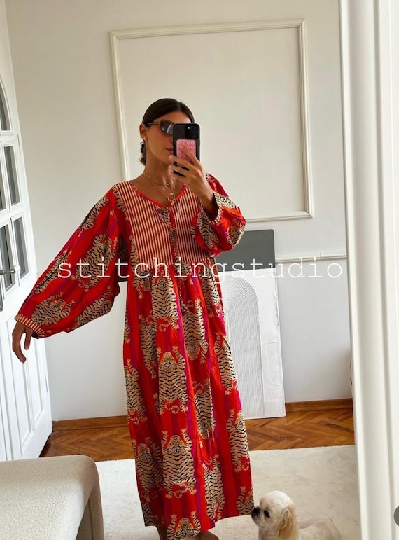 Indian Hand Block Print Midi Dress | Tiger Print Dress | Bohemian Cotton Dress | Dresses for Women | String Closer Dress