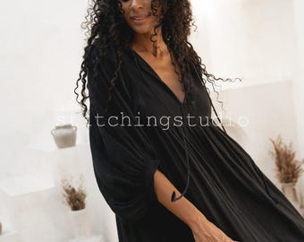 Black Cotton Kyra Midi Dress, Maxi Dress, Cotton Gauze Midi Dress: Deep Neck  with string closer Summer Dress