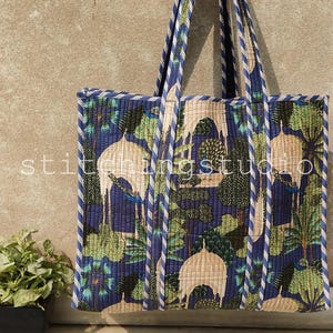 Quilted Cotton Handprinted Reversible Large Tote Bag Eco friendly Sustainable Sturdy Grocery Shopping Boho | Summer Vacation Bag