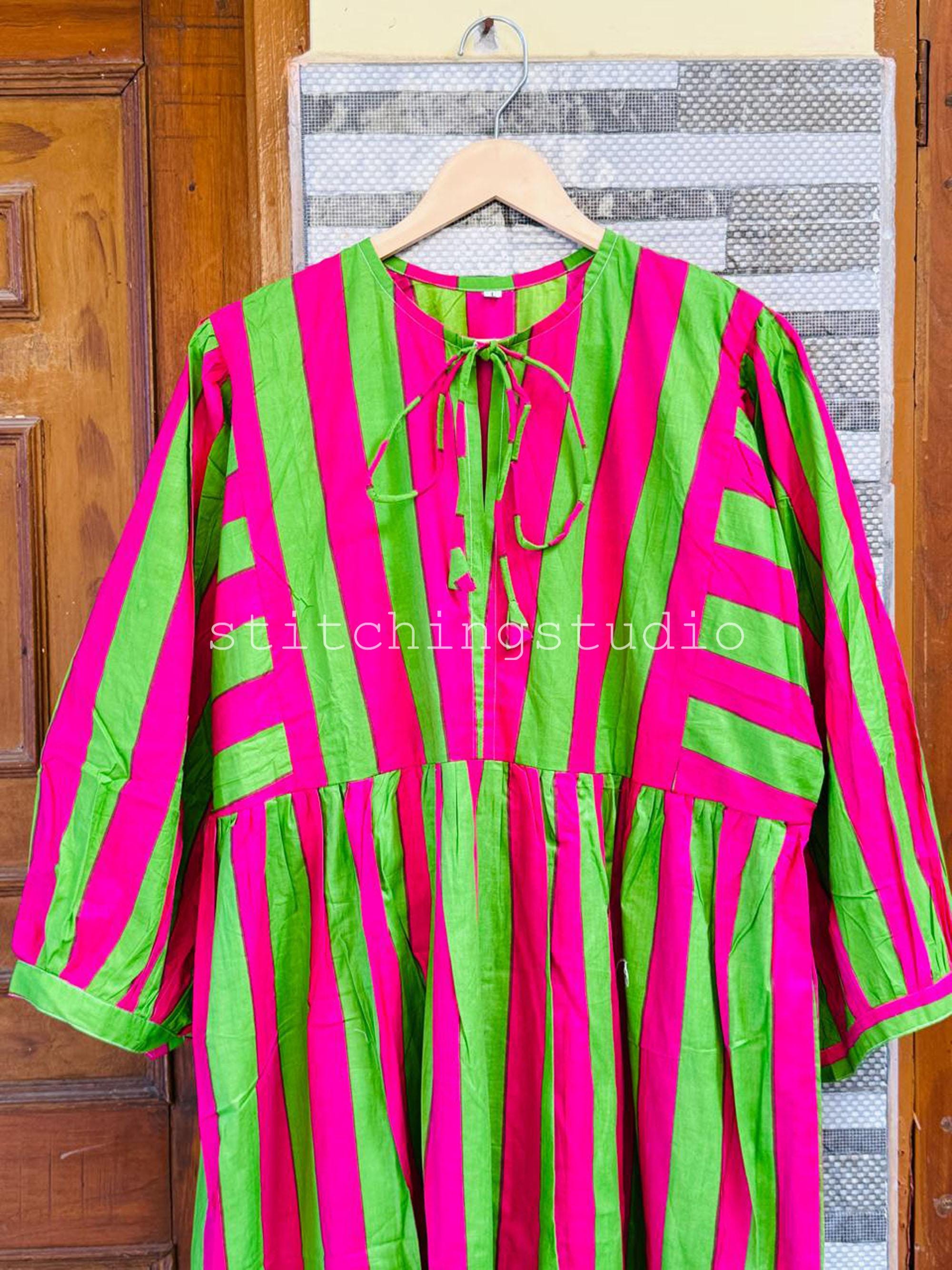 Pink And Green Striped Print, Pure Cotton Long Dress, Indian Block Print, Boho Colourful Summer Dress, Boho Dress, Comfy Daywear Mom Outfit