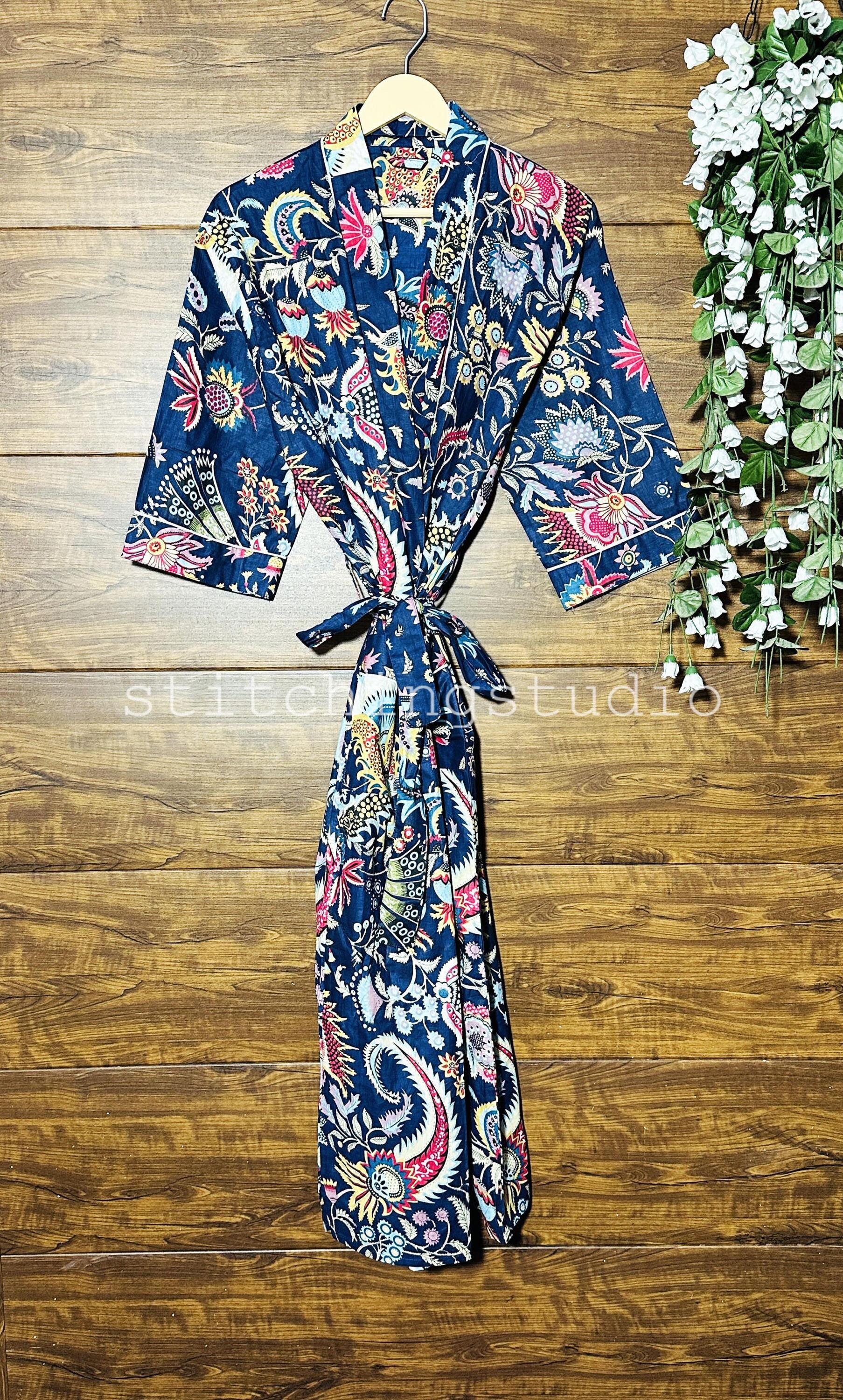Blue Floral Print Cotton Kimono Robe Dressing Gown, Block Print Bridesmaid Robe, Summer Nightwear, One Size Gift For Her