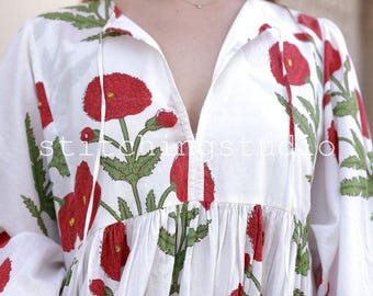 Hand Block Print Cotton Gauze Dress | Bohemian Floral Midi Mini Dress