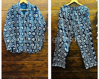 Baumwolle Indigo Blau Pyjamas, indische Baumwolle, Nachtwäsche, Weicher Baumwollnachtanzug aus reiner Baumwolle Pj's, Pyjamas Set, Geschenk für Sie