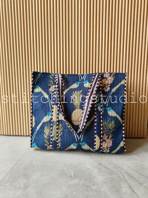 Bird Print Quilted Tote Bag, Handmade Quilted Bag Soft Indian Cotton Tote Bag, Travel Bag, Shoulder Bag, Large Tote Bag Eco friendly Bag