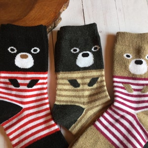 Bear and Cat Socks, whimsical gift for bear lovers cat lovers teenagers, Cotton Angora Wool Socks, Birthday Gift, Unisex Korean Striped Sock
