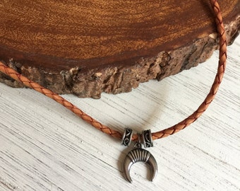 Mens Leather Horn Necklace Bracelet Magnetic Clasp, Woven Braided Leather Gift, Father Day Birthday Graduation Unique Gift, Wild Jewelry
