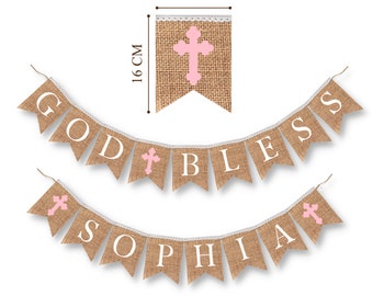 OZXCHIXU TM GOD BLESS with Blue Cross Baptism Burlap Banner Baby Shower,First Communion,Garlands Christmas Wedding Party Christening Decoration